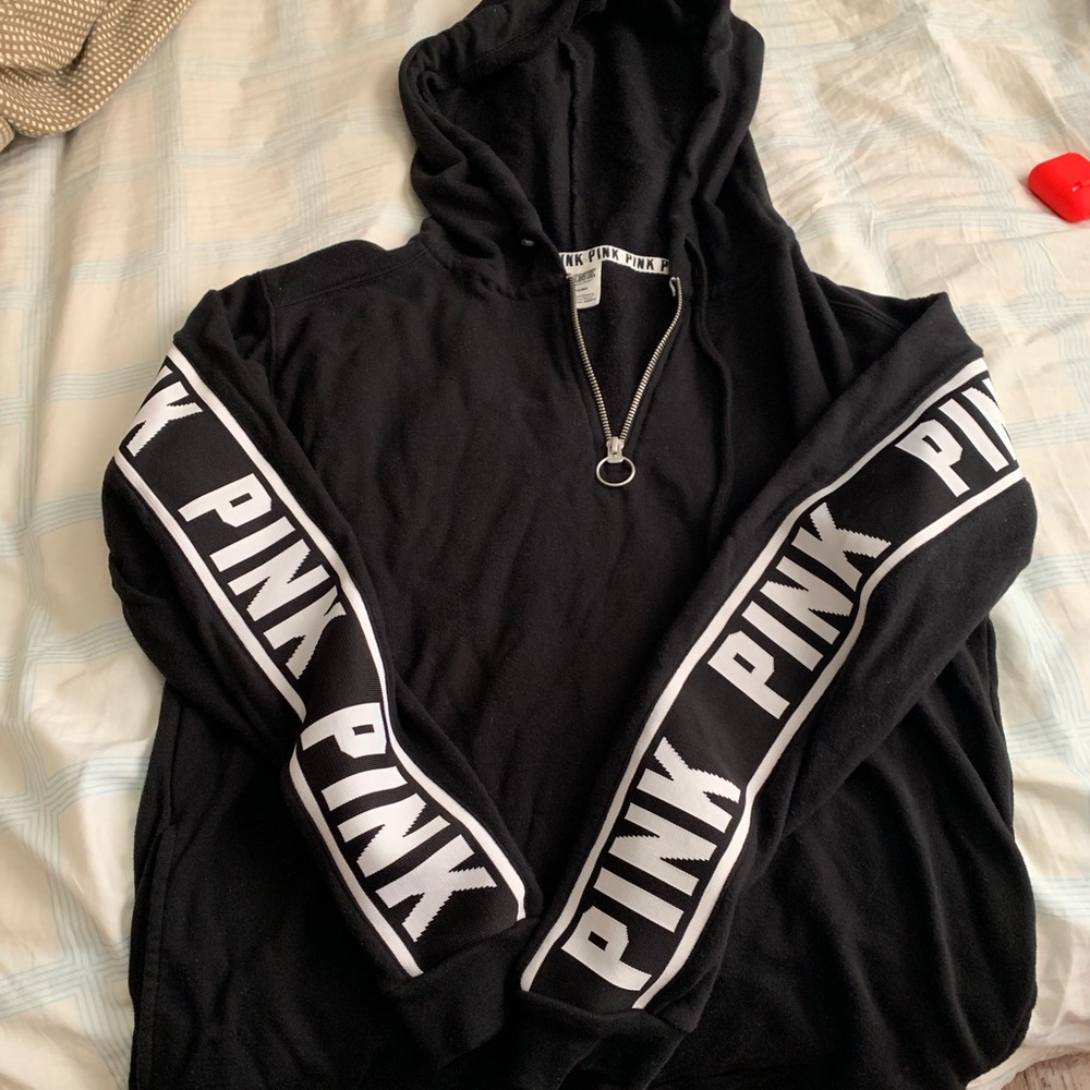 PINK Victoria's Secret Black Hoodie Sweater with White PINK Sleeve Stripes